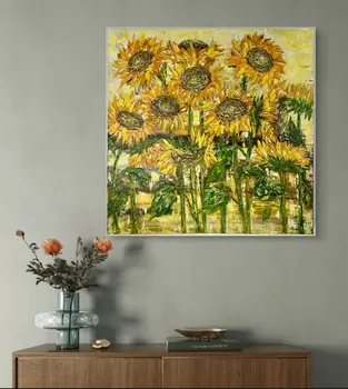 Detail of Sun Flowers showing textured impasto oil painting by Nataliia Soloviova.