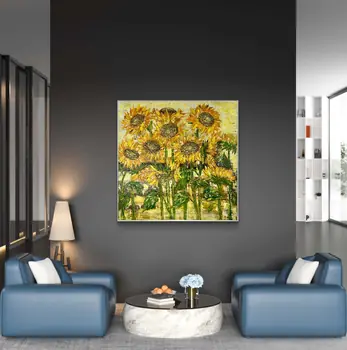 Detail of Sun Flowers showing textured impasto oil painting by Nataliia Soloviova.