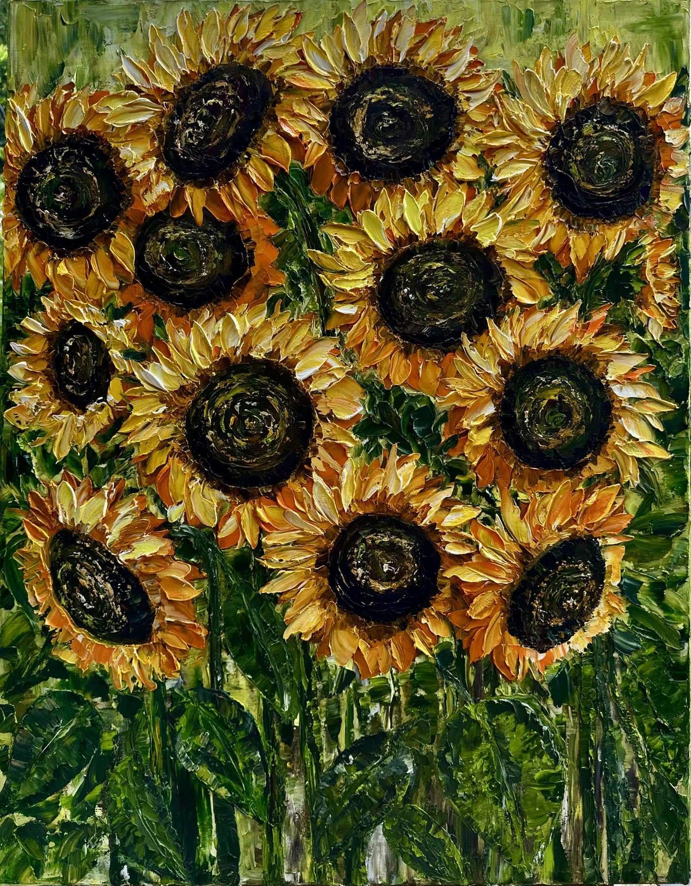 Thirteen Sunflowers original sunflower oil painting on canvas with impasto texture by Nataliia Soloviova