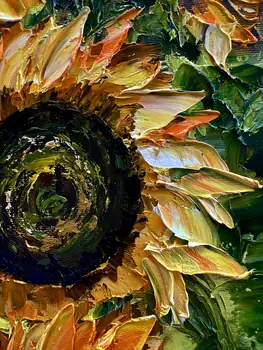Detail of Thirteen Sunflowers showing textured impasto oil painting by Nataliia Soloviova.