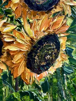 Detail of Thirteen Sunflowers showing textured impasto oil painting by Nataliia Soloviova.