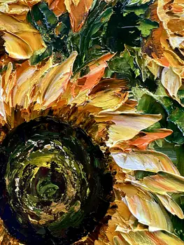 Detail of Thirteen Sunflowers showing textured impasto oil painting by Nataliia Soloviova.
