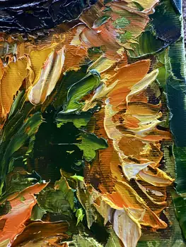 Detail of Thirteen Sunflowers showing textured impasto oil painting by Nataliia Soloviova.