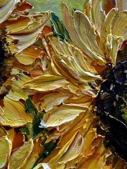Detail of Thirteen Sunflowers showing textured impasto oil painting by Nataliia Soloviova.