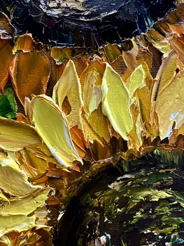 Detail of Thirteen Sunflowers showing textured impasto oil painting by Nataliia Soloviova.