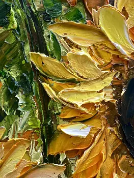 Detail of Thirteen Sunflowers showing textured impasto oil painting by Nataliia Soloviova.