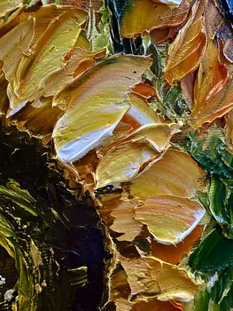 Detail of Thirteen Sunflowers showing textured impasto oil painting by Nataliia Soloviova.