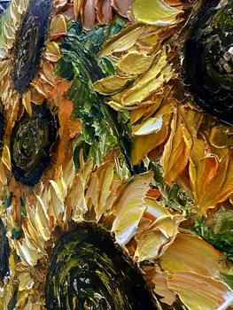 Detail of Thirteen Sunflowers showing textured impasto oil painting by Nataliia Soloviova.