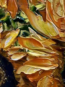 Detail of Thirteen Sunflowers showing textured impasto oil painting by Nataliia Soloviova.