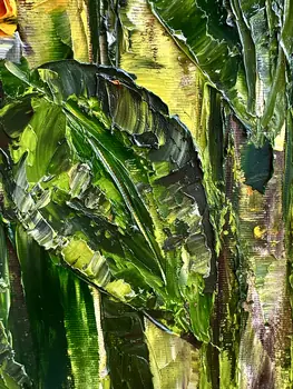 Detail of Thirteen Sunflowers showing textured impasto oil painting by Nataliia Soloviova.