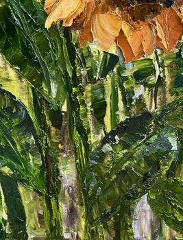 Detail of Thirteen Sunflowers showing textured impasto oil painting by Nataliia Soloviova.