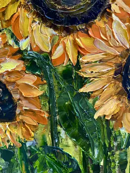 Detail of Thirteen Sunflowers showing textured impasto oil painting by Nataliia Soloviova.