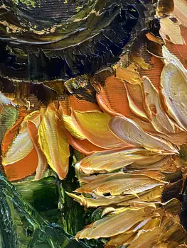 Detail of Thirteen Sunflowers showing textured impasto oil painting by Nataliia Soloviova.