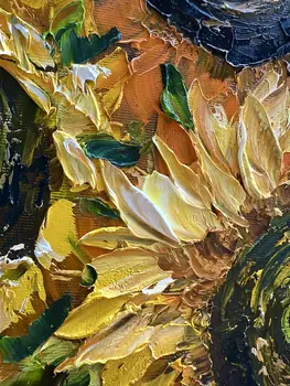 Detail of Thirteen Sunflowers showing textured impasto oil painting by Nataliia Soloviova.
