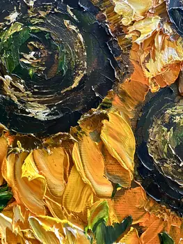 Detail of Thirteen Sunflowers showing textured impasto oil painting by Nataliia Soloviova.
