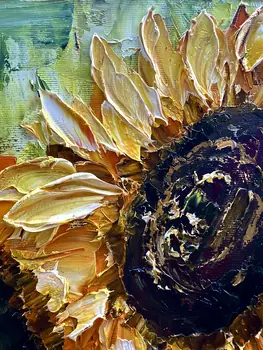 Detail of Thirteen Sunflowers showing textured impasto oil painting by Nataliia Soloviova.
