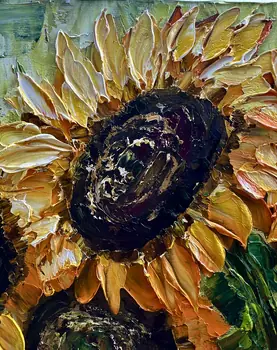 Detail of Thirteen Sunflowers showing textured impasto oil painting by Nataliia Soloviova.