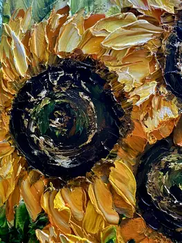 Detail of Thirteen Sunflowers showing textured impasto oil painting by Nataliia Soloviova.