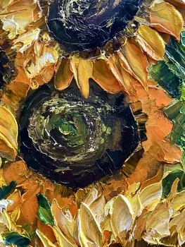 Detail of Thirteen Sunflowers showing textured impasto oil painting by Nataliia Soloviova.