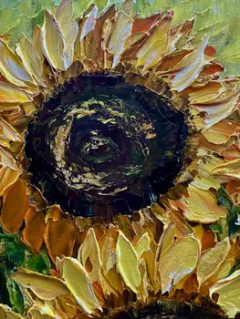 Detail of Thirteen Sunflowers showing textured impasto oil painting by Nataliia Soloviova.