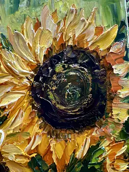 Detail of Thirteen Sunflowers showing textured impasto oil painting by Nataliia Soloviova.