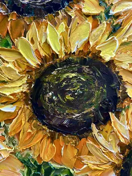 Detail of Thirteen Sunflowers showing textured impasto oil painting by Nataliia Soloviova.