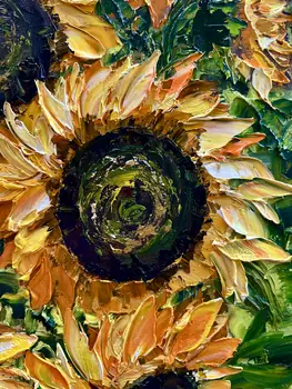 Detail of Thirteen Sunflowers showing textured impasto oil painting by Nataliia Soloviova.