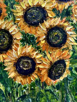 Detail of Thirteen Sunflowers showing textured impasto oil painting by Nataliia Soloviova.
