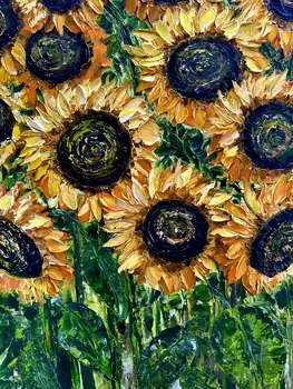 Detail of Thirteen Sunflowers showing textured impasto oil painting by Nataliia Soloviova.