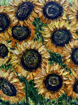 Detail of Thirteen Sunflowers showing textured impasto oil painting by Nataliia Soloviova.