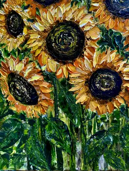 Detail of Thirteen Sunflowers showing textured impasto oil painting by Nataliia Soloviova.