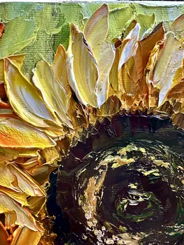 Detail of Thirteen Sunflowers showing textured impasto oil painting by Nataliia Soloviova.