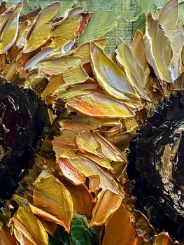 Detail of Thirteen Sunflowers showing textured impasto oil painting by Nataliia Soloviova.