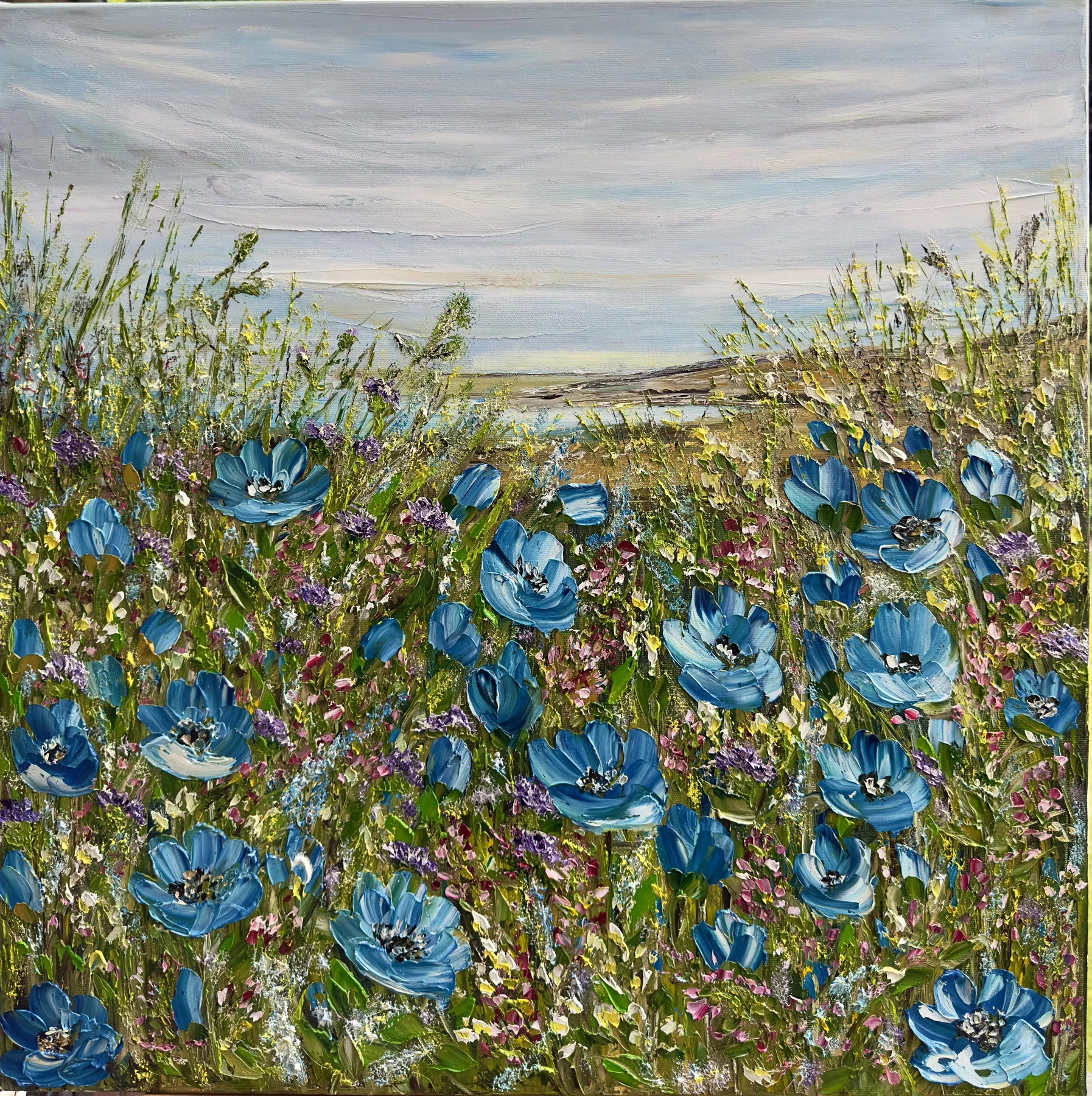 Your Blue Eyes original blue floral oil painting on canvas with impasto texture by Nataliia Soloviova