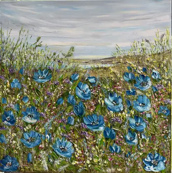 Your Blue Eyes original blue floral oil painting on canvas with impasto texture by Nataliia Soloviova