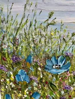 Detail of Your Blue Eyes showing textured impasto oil painting by Nataliia Soloviova.